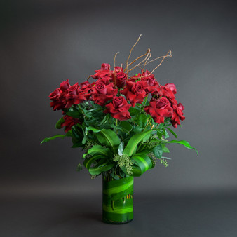 To My Love luxury red rose arrangment in glass vase featuring signature 2 dozen roses hand opened, curly willow, with leave wrap by Lexis Florist Houston