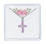 Pink Cubic Zirconia Cross Pendant - 16" Chain