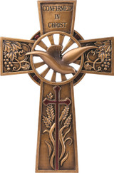 Confirmed in Christ Collection. 7.75" Wall Cross~ Resin/Stone mix with Bronze Finish. See also matching Keepsake Box and Picture Frame See also Keepsake Box (#130073) and Picture Frame (#130074)