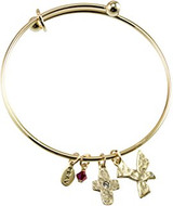 Gold adjustable Bangle with dangling red crystal, a cross and dove confirmation charms, adjustable. Gift boxed. 