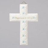 Bas Relief 6.5" Baptism Wall Cross.  This Bas Relief Baptism Cross is for a boy. This Baptism Wall Cross gift will be a delightful addition to the baby's nursery. The Baptism Wall Cross comes boxed for Baptism gift giving. The Baptism Wall Cross measures 6.5"H x 4.25"W x .5"D. The Baptism Wall Cross is made of a resin/stone mix.