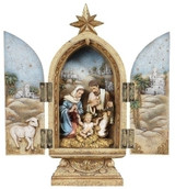 10"H Holy Family Triptych. Materials are a Resin/Stone Mix. Dimensions: 10"H x 4.5"W x 2.38"D