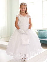 Communion Dress - Illusion Style Neckline with Lace Applique and Rhinestones