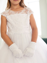 Communion Dress - Illusion Style Neckline with Lace Applique and Rhinestones