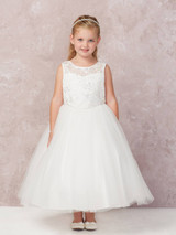 Communion Dress - Illusion Neckline with Lace Applique Bodice 