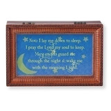 "Now I Lay Me Down to Sleep. I pray the Lord my soul to keep......." Wood Cut Laser Music Box. Music Box plays Jesus Loves Me.  Measurement: 6.125"L X 4"W X 2.625"H. Made of Plastic and Metal