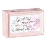 To a Special Girl Pink Music Box.  The lid has the words "To a Special Girl~May you grow in God's grace and be blessed by his love."  Music Box plays "Jesus Loves Me." Measurement: 6.125"L X 4"W X 2.625"H. Made of Plastic and Metal