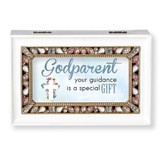 White Jeweled Godparent Music Box   The lid has the words "Godparent your guidance is a gift."  Music Box plays "What a Friend We Have in Jesus." Measurement: 6.125"L X 4"W X 2.625"H. Made of Plastic and Metal