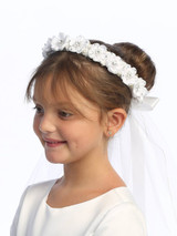 Communion Headpiece - Veil with Satin Flowers and Rhinestones