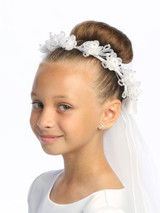  Communion Headpiece, Veil with Satin Rose Flowers and Rhinestones