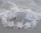  Communion Headpiece, Veil with Satin Rose Flowers and Rhinestones