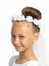 Communion Headpiece - Veil with Satin Flowers, Pearls and Rhinestones