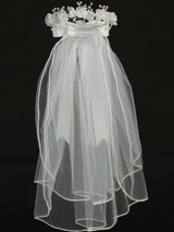 Communion Headpiece, Veil with Organza flowers, rhinestones and pearl accents

24" Veil 
Satin Bows at the back