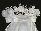 Communion Headpiece, Veil with Organza Flowers, Rhinestones and Pearl Acents 