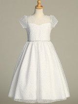 Communion Dress - Illusion Cap Sleeve Embroidered Tulle with Sequins 