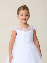 Communion Dress - Cap Sleeve Illusion Neckline Lace Bodice with Tulle Skirt