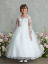 Communion Dress -  Lace Illusion Neckline Bodice with Sleeves