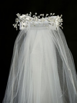 Communion Headpiece - Veil with Pearlized Flowers with Rhinestone and Pearl Accents
