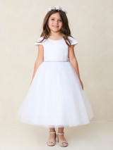 Communion Dress - Satin Cap Sleeve Square Neckline with Rhinestone Waistline 