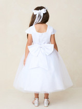 Communion Dress - Satin Cap Sleeve Square Neckline with Rhinestone Waistline 