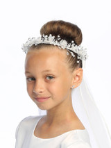 Communion Headpiece - Veil with Crystal & Organza Flowers with Rhinestone Accents 