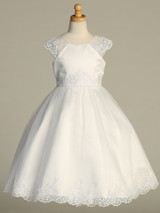 Communion Dress - Embroidered Illusion Cap Sleeve with Sequins and Pearls 