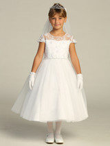 Communion Dress - Illusion Cap Sleeve with Embroidered Tulle Bodice 