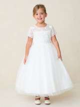 Communion Dress - Illusion Cap Sleeve Lace Bodice with Tulle Skirt 