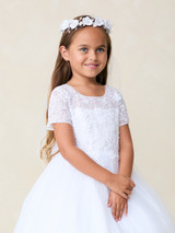 Communion Dress - Illusion Cap Sleeve Lace Bodice with Tulle Skirt 
