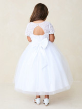Communion Dress - Illusion Cap Sleeve Lace Bodice with Tulle Skirt 
