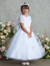 Communion Dress - Satin Bodice with Scattered Lace Applique 