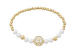 Gold-Plated Pearl Stretch Bracelet with Mother of Pearl Crystal Cross