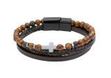 Men's Leather Tiger Eye Stone Cross Bracelet 