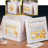 Record and cherish the celebration of the sacraments in the life of your family. Honors the sacraments of baptism, first holy communion and confirmation.  Keep photos, jewelry and other mementos inside.  Sturdy, glossed, heavy paperboard and features the beautiful calligraphy of David Mekelburg .  10" x 10" x 9"
