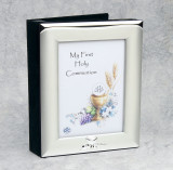 Satin Finish and Silver Plated Photo Album with Embossed Communion Design. Holds 3.5" x 5" photo on Front. Holds 100 4" x 6" Photos. Gift Boxed.Complements picture frames #13128 and #48422!