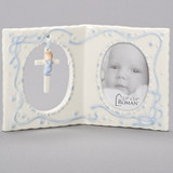 Porcelain Girl(pink) or Boy(Blue) Baby Frame with Cross and holds a 2.5" x 3.5" photo.  Dimensions: 4"H x 6.25"W x 1.237"D. Gift Boxed