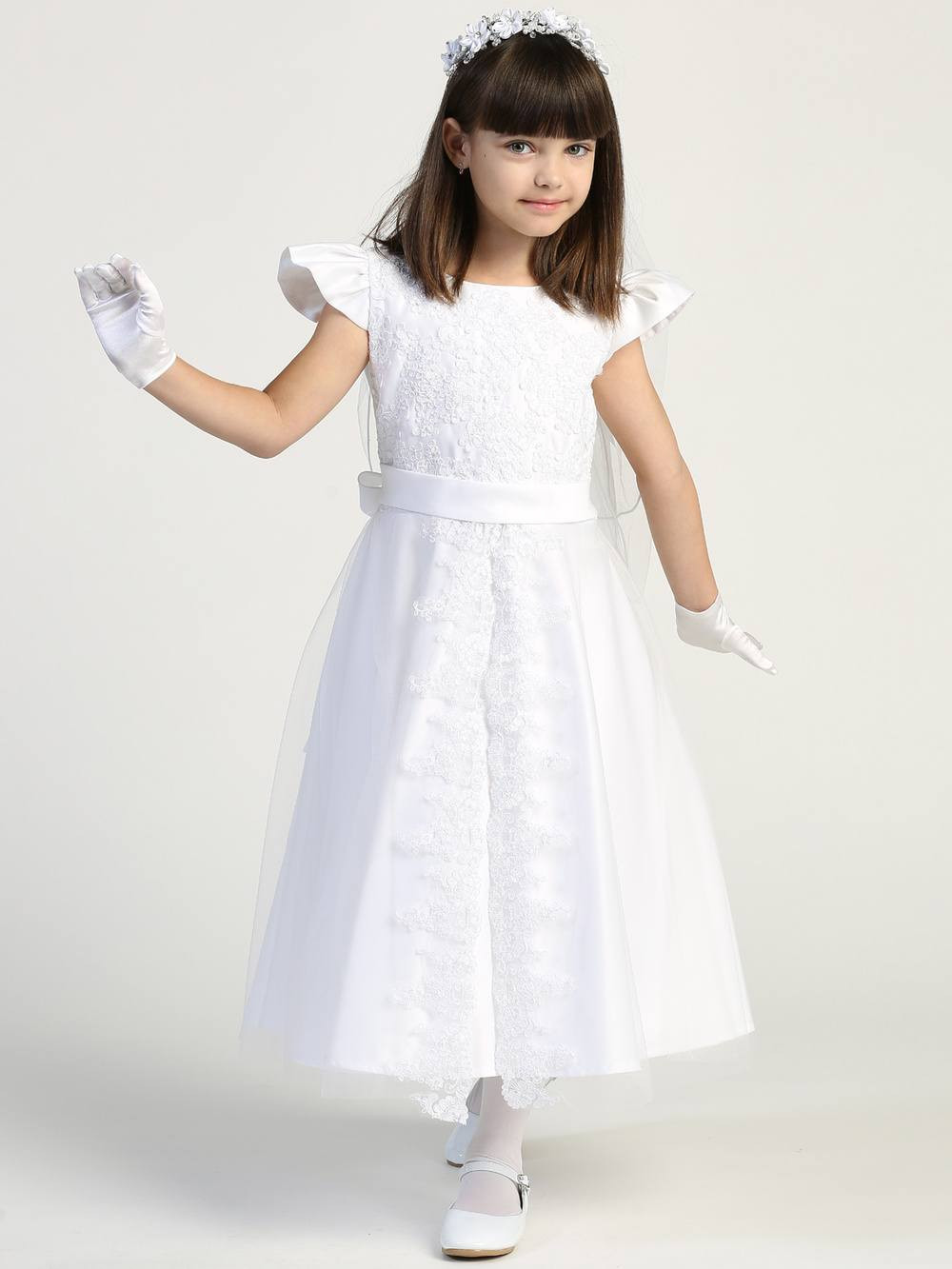 chinese dress ladies Girls Off-White Lace Communion Dress with Beaded Waist & Bow Back Off White / 7.5