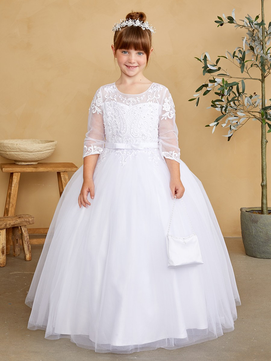 Illusion Neckline and Lace Applique on Bodice Communion Dress Illusion Neckline and Lace Applique on Bodice Communion Dress