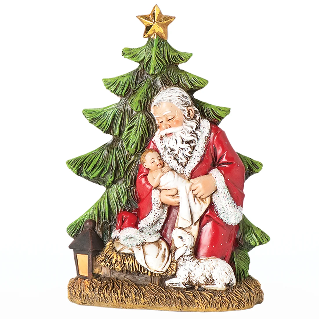 Kneeling Santa Holding Baby Jesus by Tree Figurine - 6.25" 