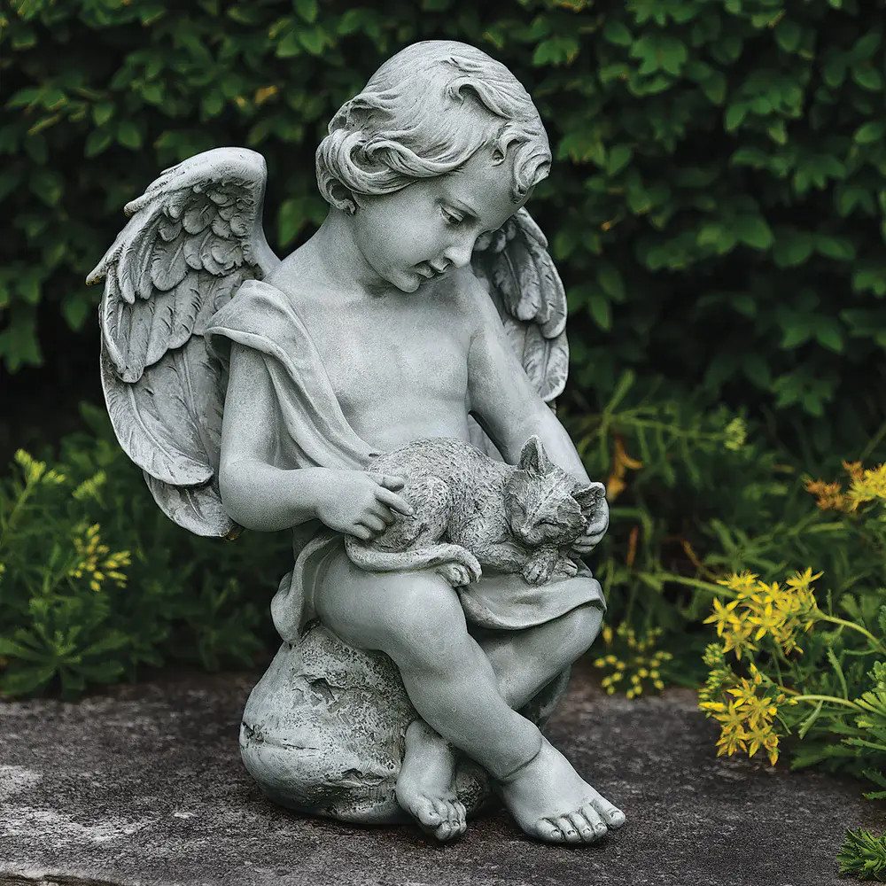 Cherub With Kitten Garden Statue