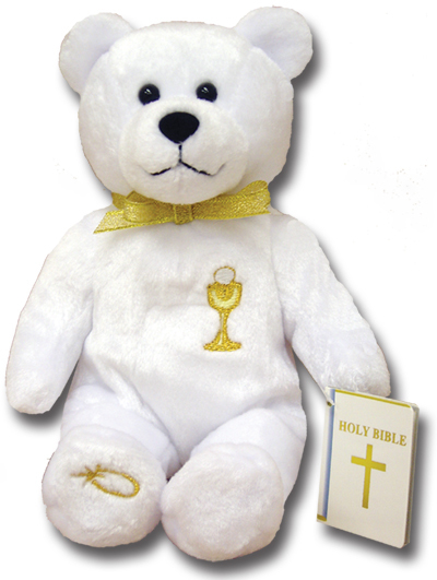 9" Tall Bear has an  Embroidered Chalice on his Chest. Bear is also Holding a Bible. Similar to the Popular Beanie Babies