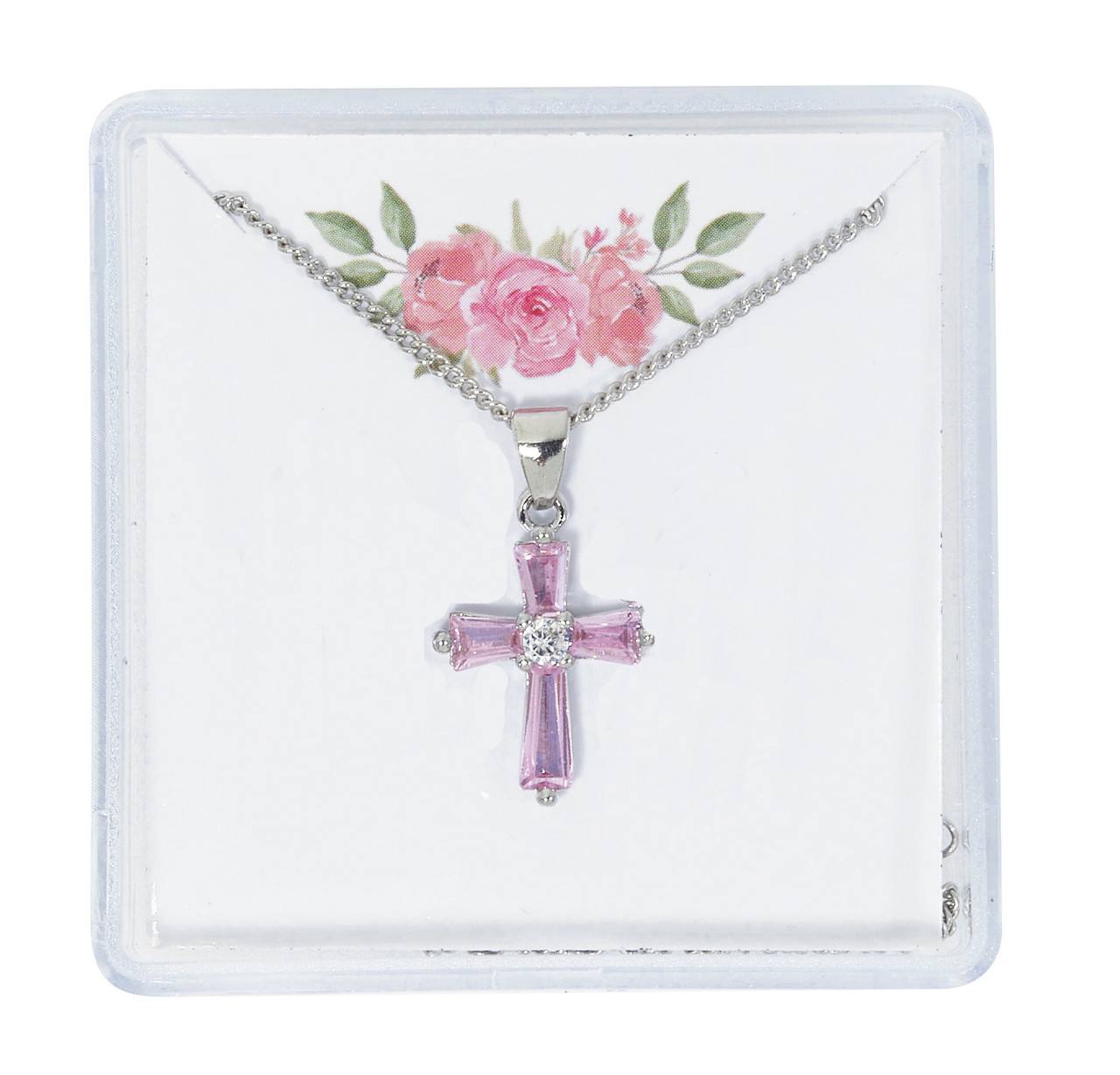 Pink Cubic Zirconia Cross Pendant - 16" Chain