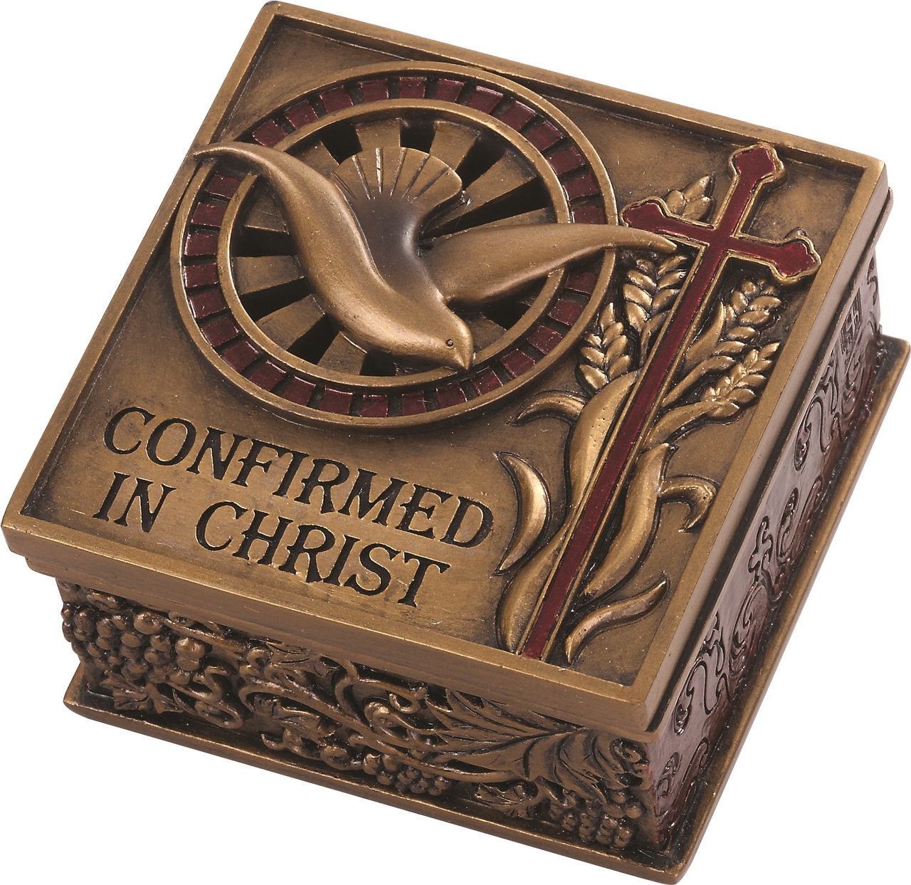 Confirmed in Christ Collection. 2.75" Keepsake Box~ Resin/Stone mix with Bronze Finish. See also Wall Cross (#130072) and Picture Frame (#130074)