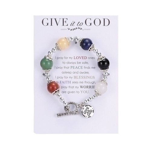 7" stretch bracelet made of semi precious stones with dangling charm "Give it to God." Prayer is included on card holding the bracelet.See also Give it to God Wall Plaque (Item #222994) and give it to God Prayer Box (Item #222750)