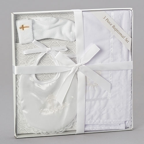 Three Piece Baptismal Set includes a Bib, Socks, and Blanket. Set is made of Polyester/Cotton, Spandex and Satin fabric. 