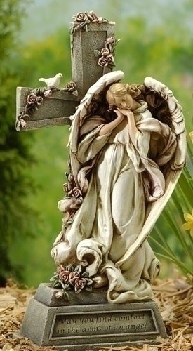 Memorial Angel and Cross Garden Statue - 15"