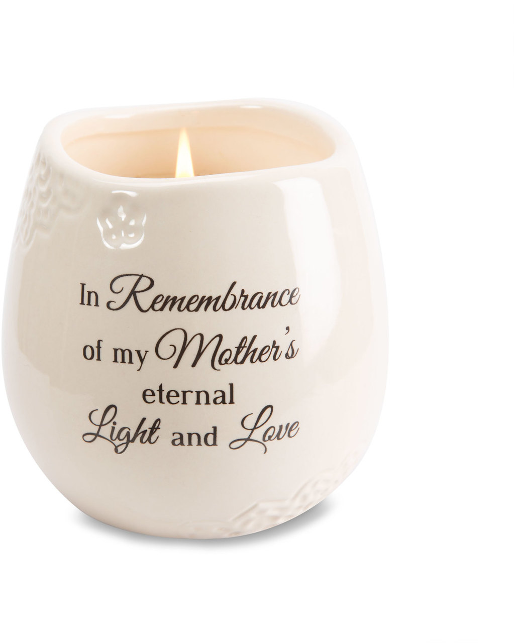 Ceramic vessel holds 8 ounces of 100% soy wax candle. Tranquility Scent. Measures 2.5L x 2.5W x 3.5H x 2.5D
"In Remembrance of my Mother's eternal Light and Love"