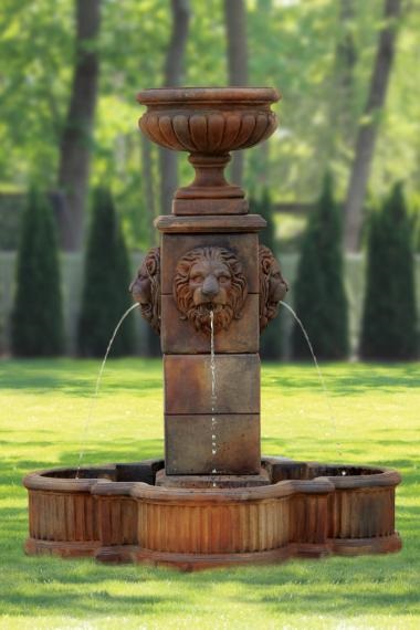 58" Milano Urn Lion Fountain (shown here in Revel Brown ) Comes with everything you need including the Pump Kit with instructions (Kit P22502 includes: 1 - KING 225 (225 gallon per hour pump) 1 - 1/2" plastic tee 1 - rubber stopper 1 - 1/2" plastic ell 1 – hose clamp 1 - 36" long piece of 1/2" clear tubing.) Also available in Pearl White, Natural, Old Stone or Classic Iron