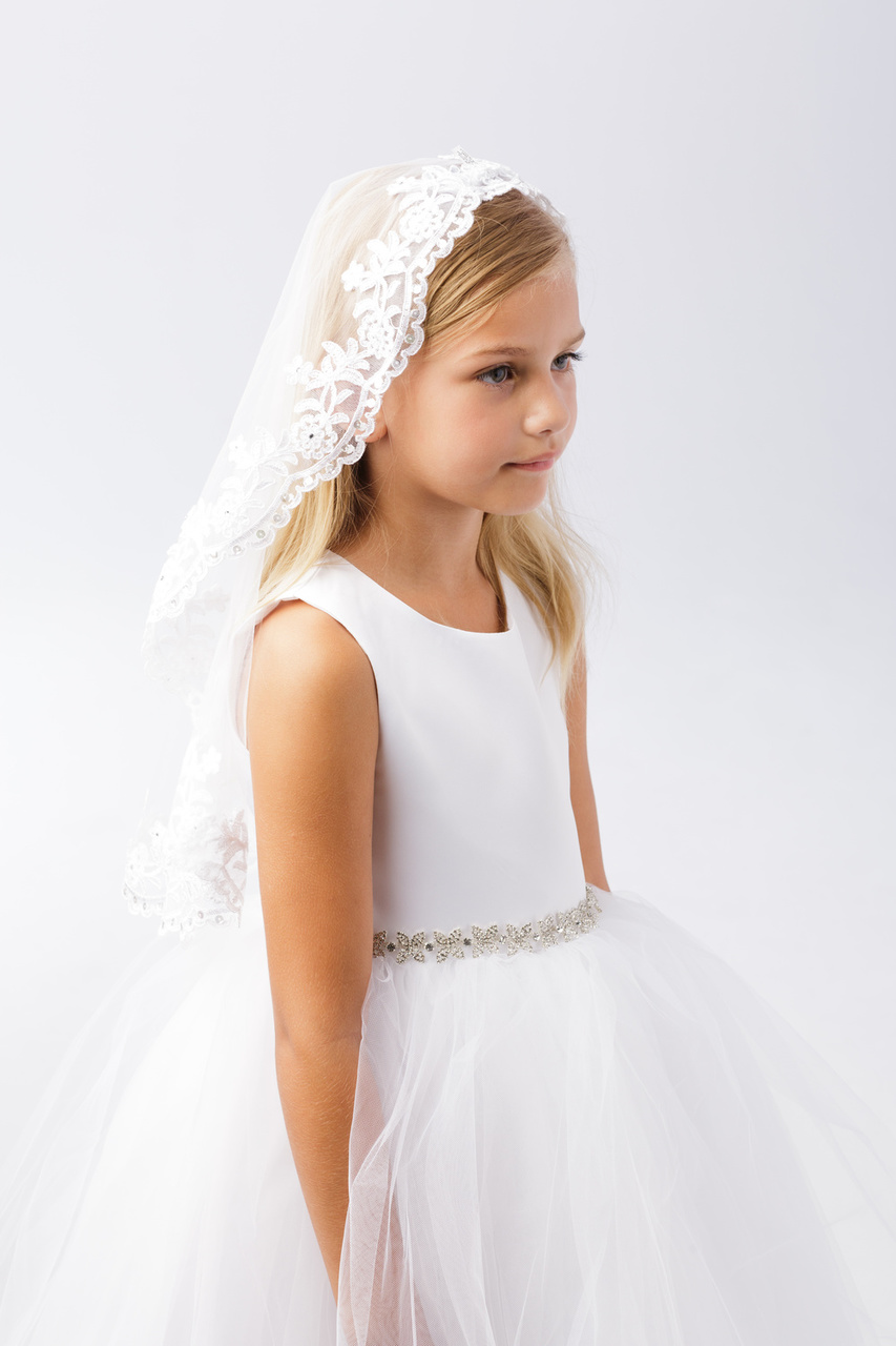 Mantilla Style Communion Veil with embroidered scalloped edge with beading.