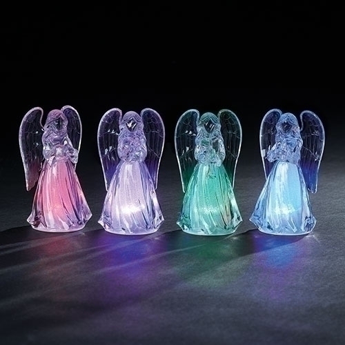 4.25" LED Angel with down swept wings. Colors change to colors shown in picture. Battery operated and included. Made of Acrylic.